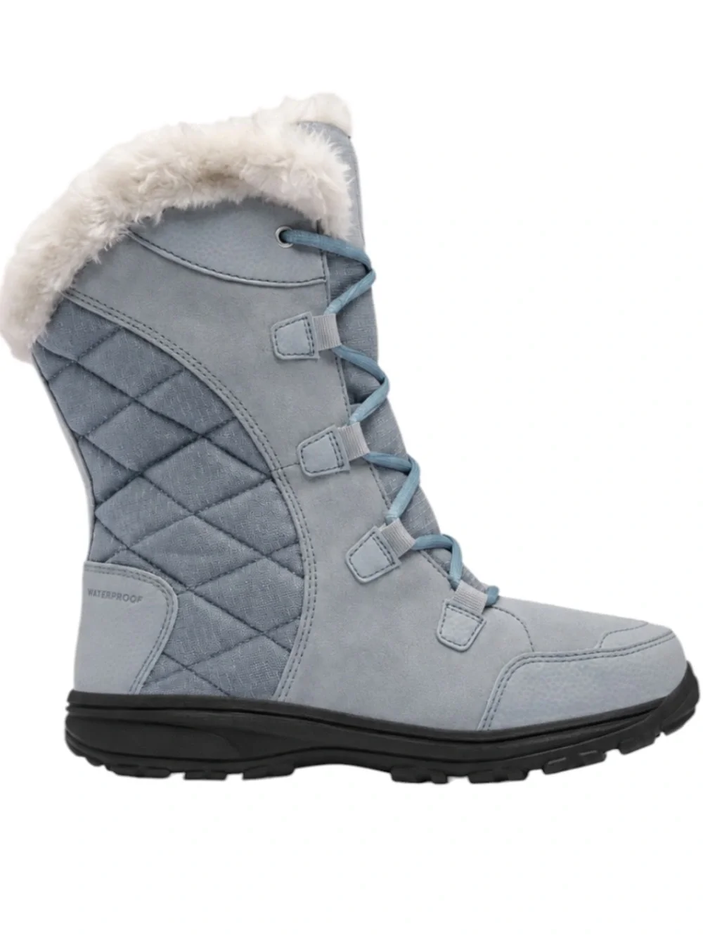 Columbia Icefall gray blue waterproof faux fur lined lace up snow boots size 6